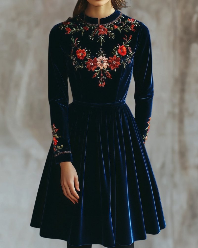 Simpluxe Embroidered Velvet Dress – Chic Stand Collar A-line Design
