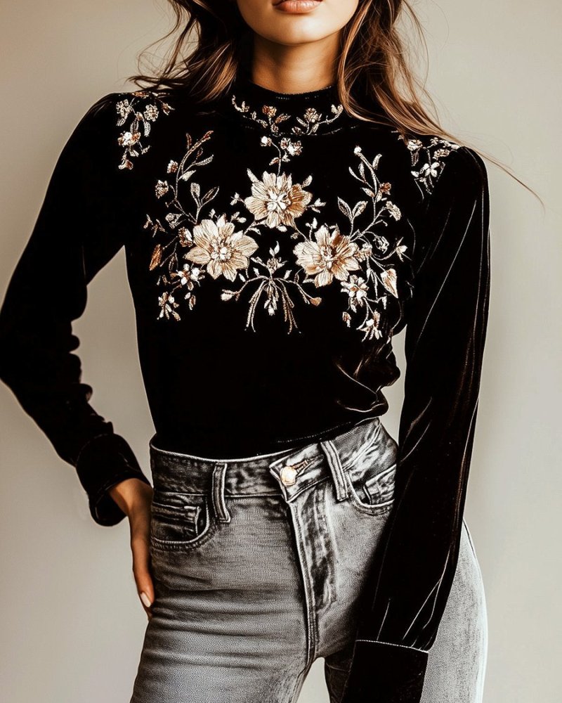 Simpluxe Velvet Blouse – Floral Embroidered Mock Neck Long Sleeve