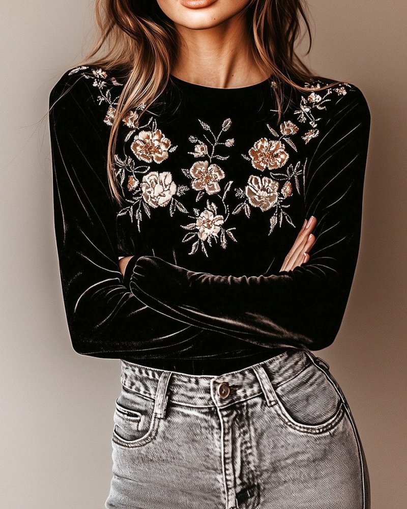 Simpluxe Retro Velvet Pullover – Floral Embroidered Round Neck Top