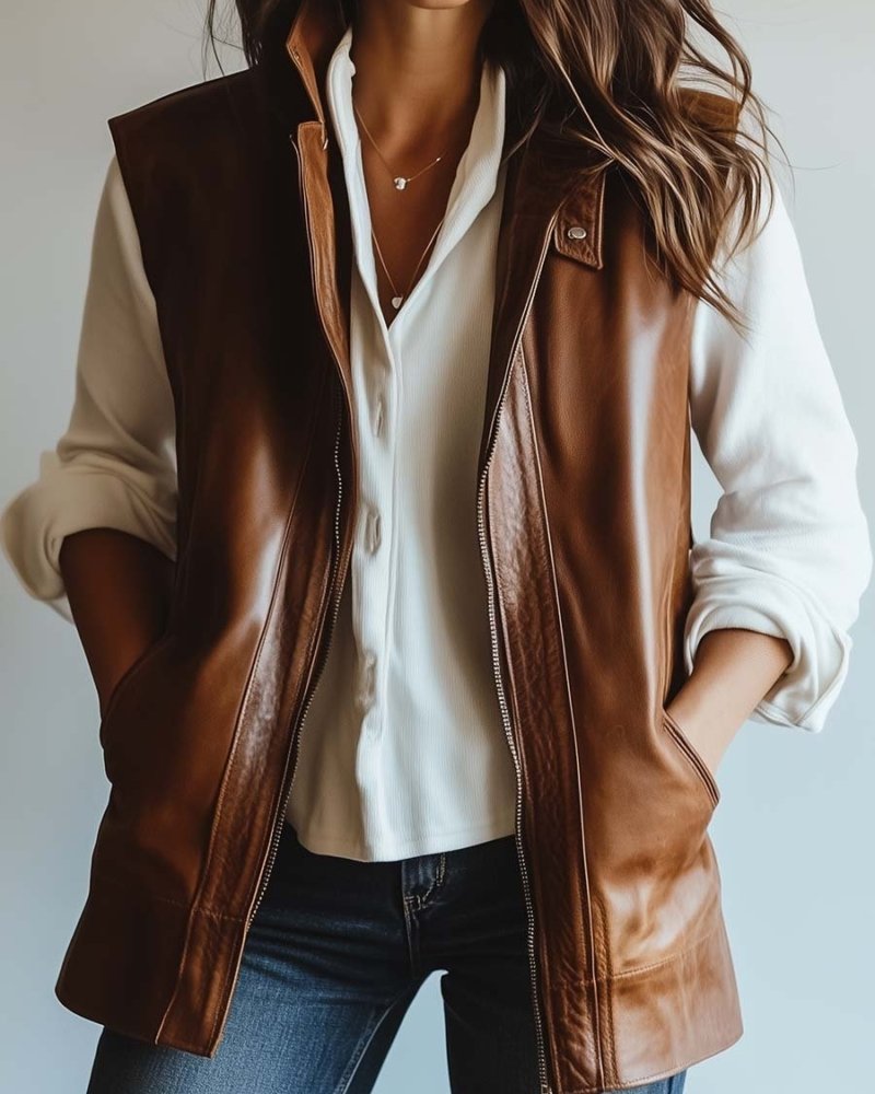 Simpluxe Vintage Leather Waistcoat for Women – Zipper Front Vest