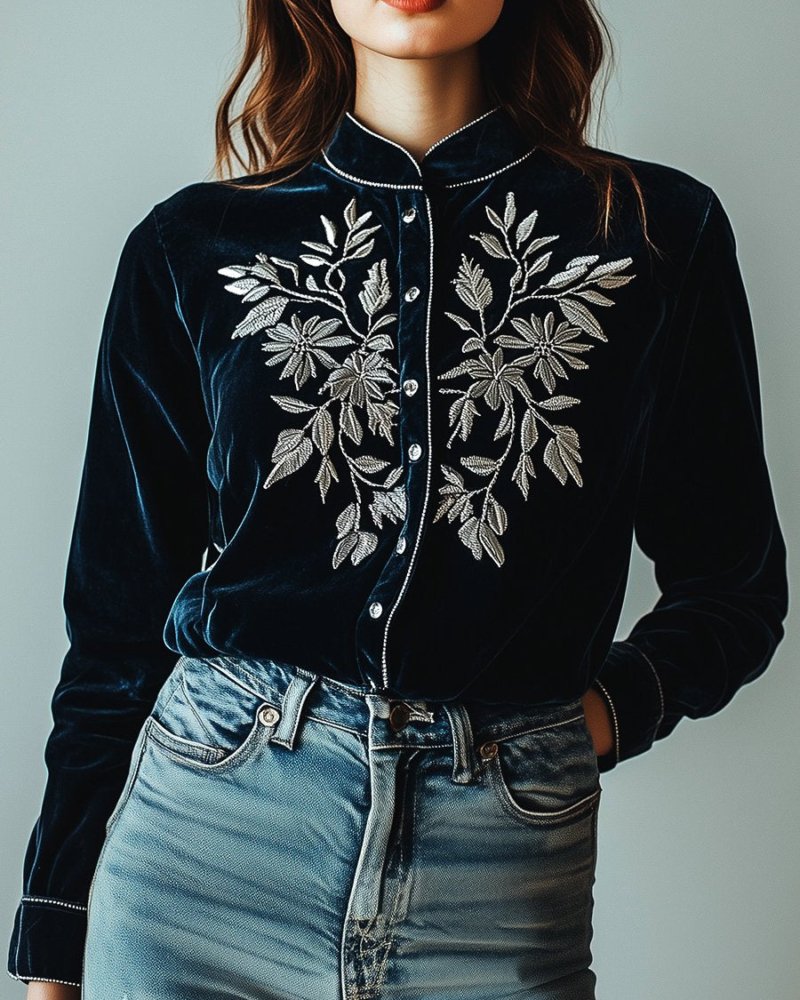 Simpluxe Velvet Shirt – Silver Leaf Embroidered Single-Breasted Design - Image 3