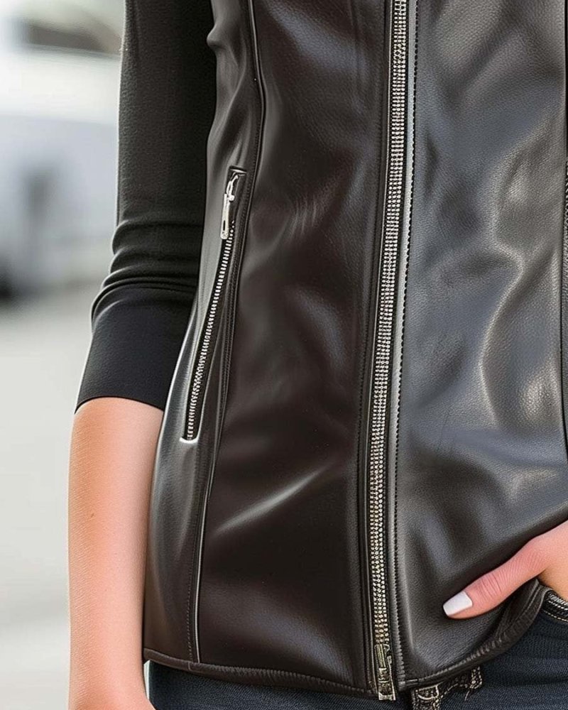 Simpluxe Retro Zipper Leather Vest – Stand Collar Waistcoat for Women - Image 4