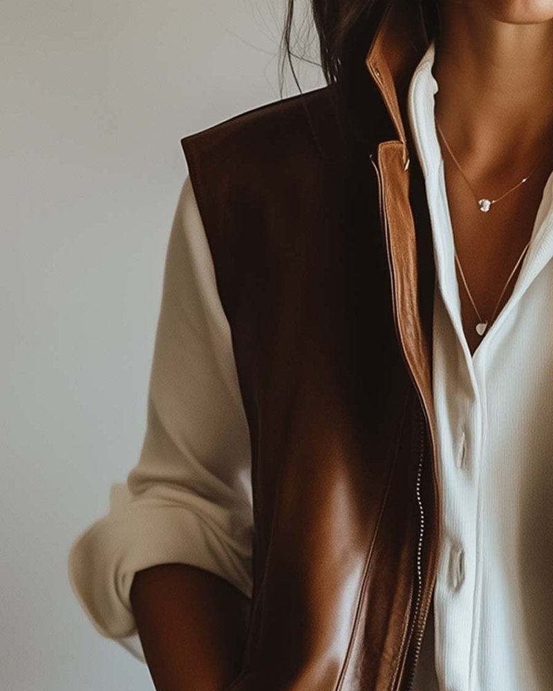 Simpluxe Vintage Leather Waistcoat for Women – Zipper Front Vest - Image 2