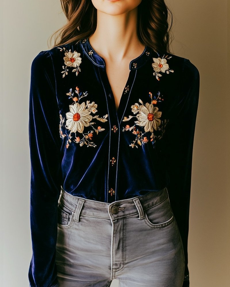 Simpluxe Velvet Shirt – Floral Embroidered Button-Down Chic Design