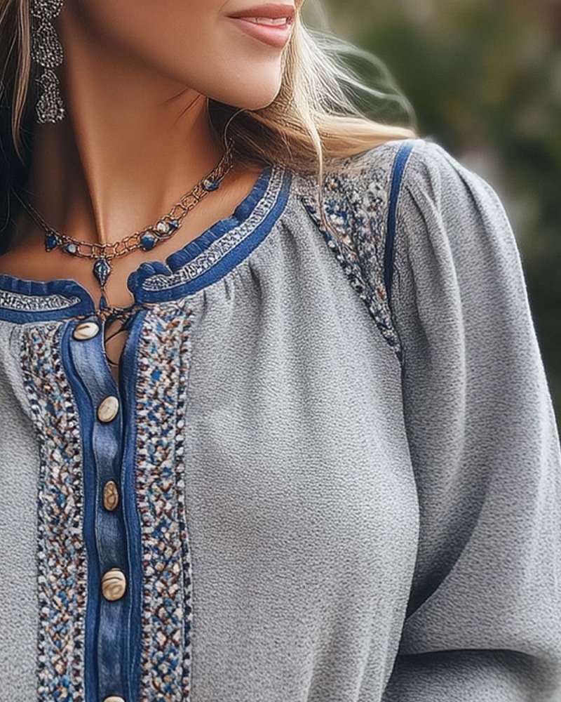 Simpluxe Vintage-Inspired Embroidered Blouse – Long Sleeve Elegance - Image 3