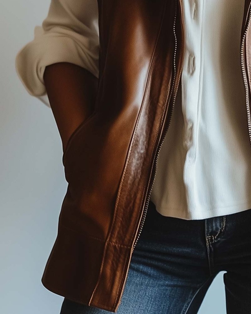 Simpluxe Vintage Leather Waistcoat for Women – Zipper Front Vest - Image 4