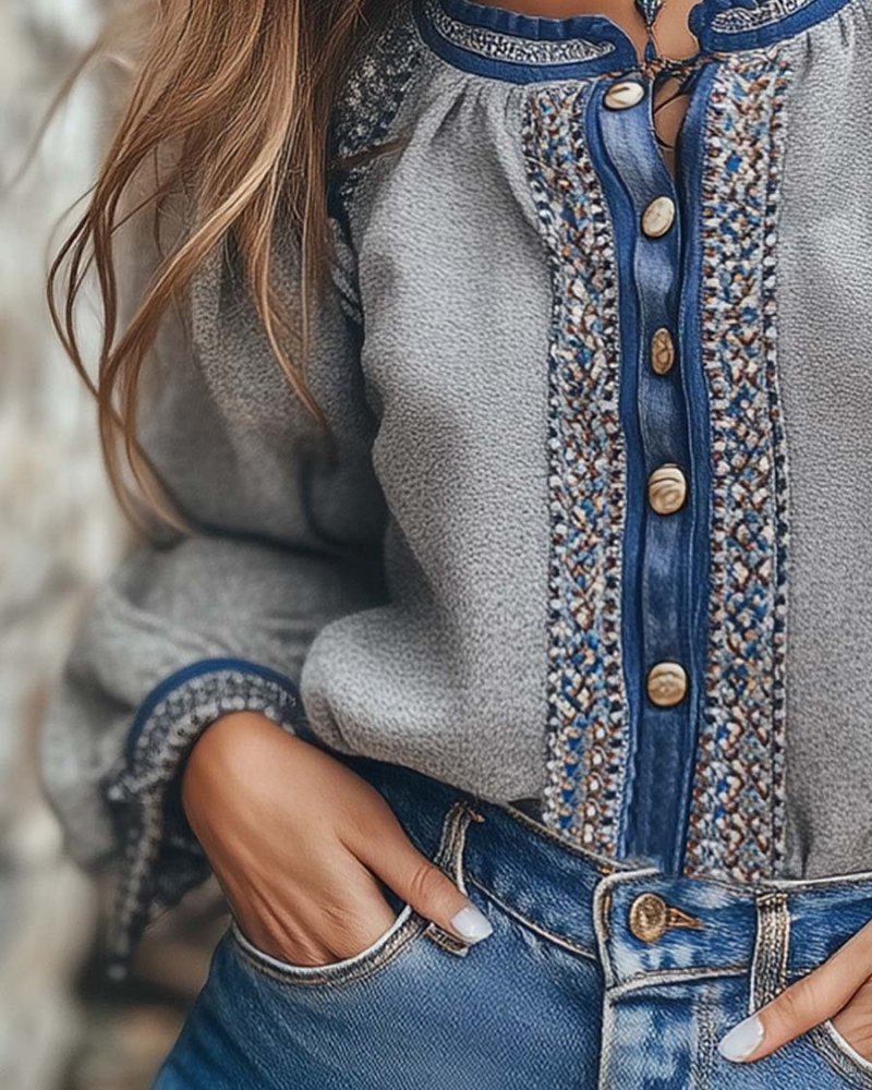 Simpluxe Vintage-Inspired Embroidered Blouse – Long Sleeve Elegance - Image 4