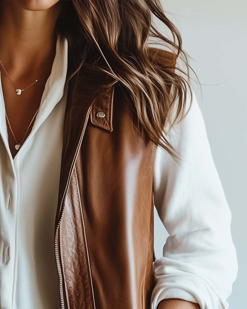 Simpluxe Vintage Leather Waistcoat for Women – Zipper Front Vest - Image 3