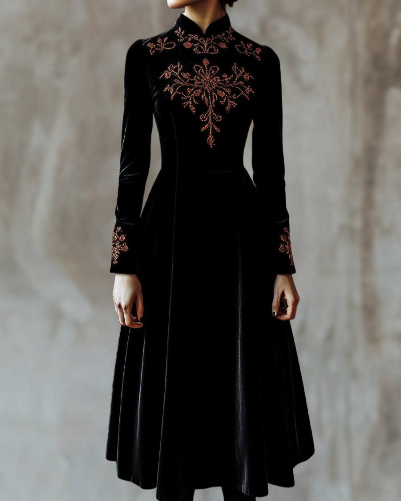 Simpluxe Velvet Midi Dress – Floral Embroidered Stand Collar Elegance