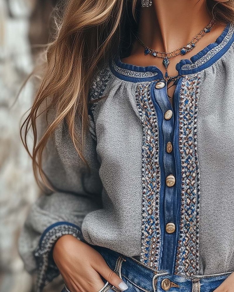 Simpluxe Vintage-Inspired Embroidered Blouse – Long Sleeve Elegance - Image 2