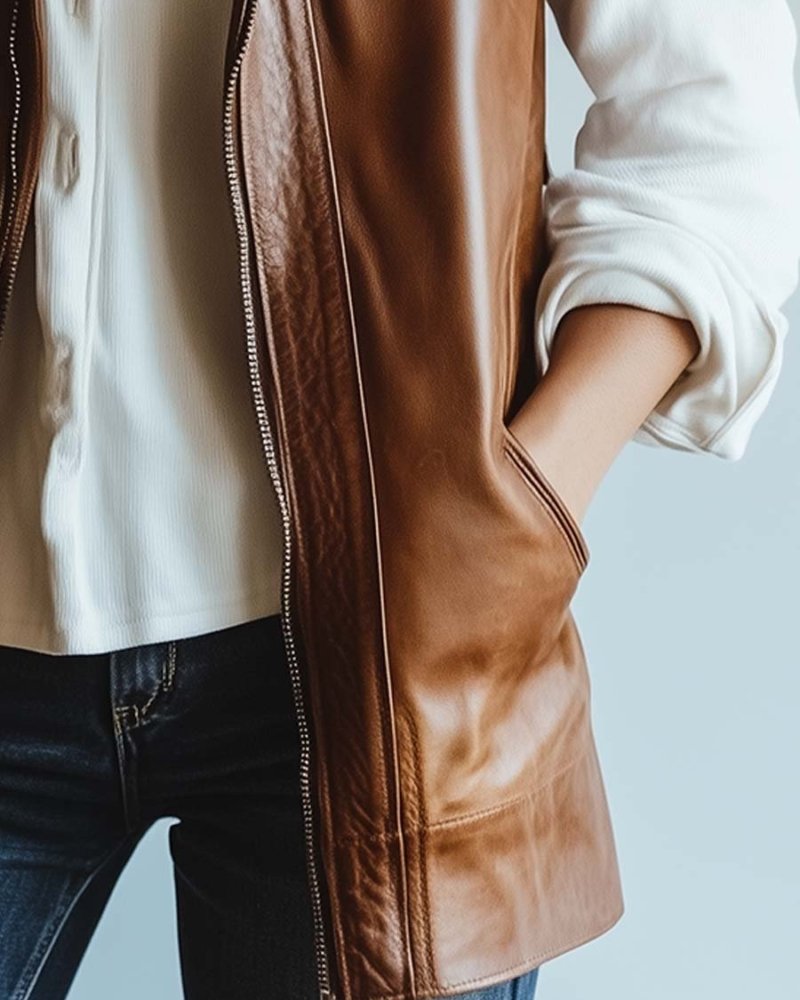 Simpluxe Vintage Leather Waistcoat for Women – Zipper Front Vest - Image 5