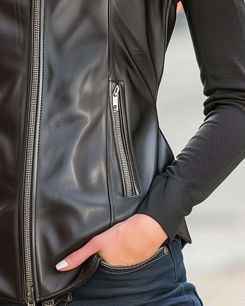 Simpluxe Retro Zipper Leather Vest – Stand Collar Waistcoat for Women - Image 5