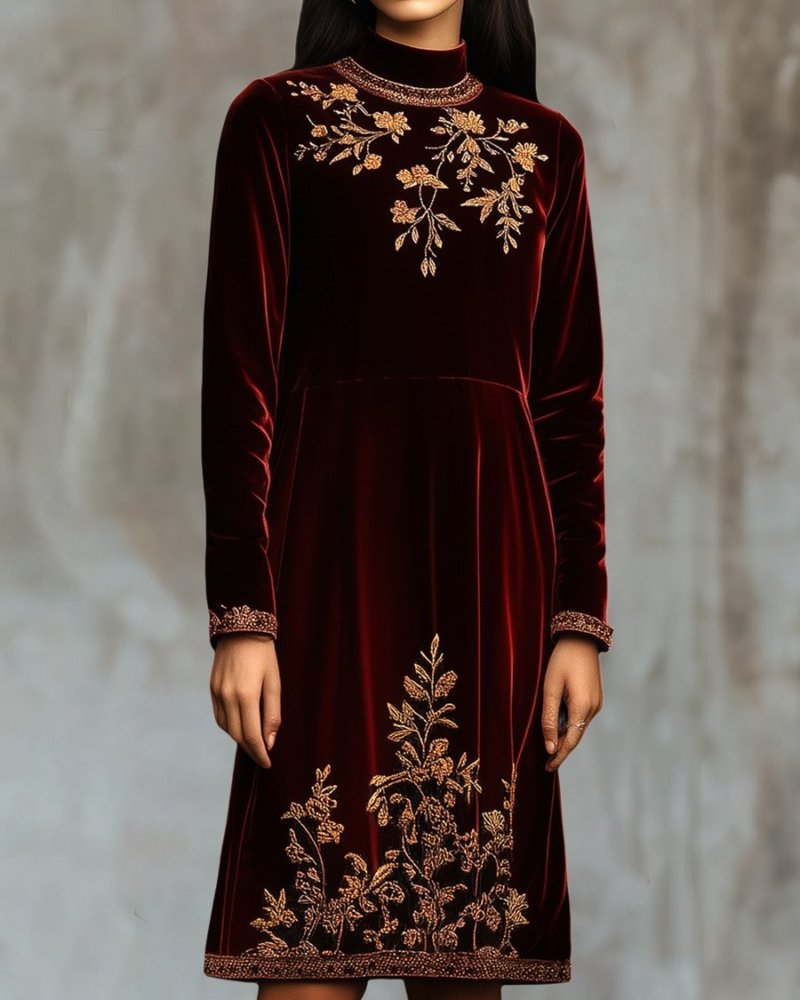 Simpluxe Velvet Midi Dress – Golden Embroidered Mock Neck Elegance - Image 2
