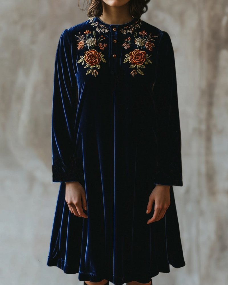 Simpluxe Retro Velvet Dress – Floral Embroidered Loose Fit with Half Placket