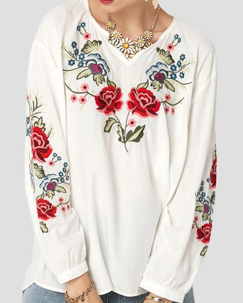 Simpluxe Retro Embroidered V-Neck Blouse – Loose Fit Floral Top - Image 4