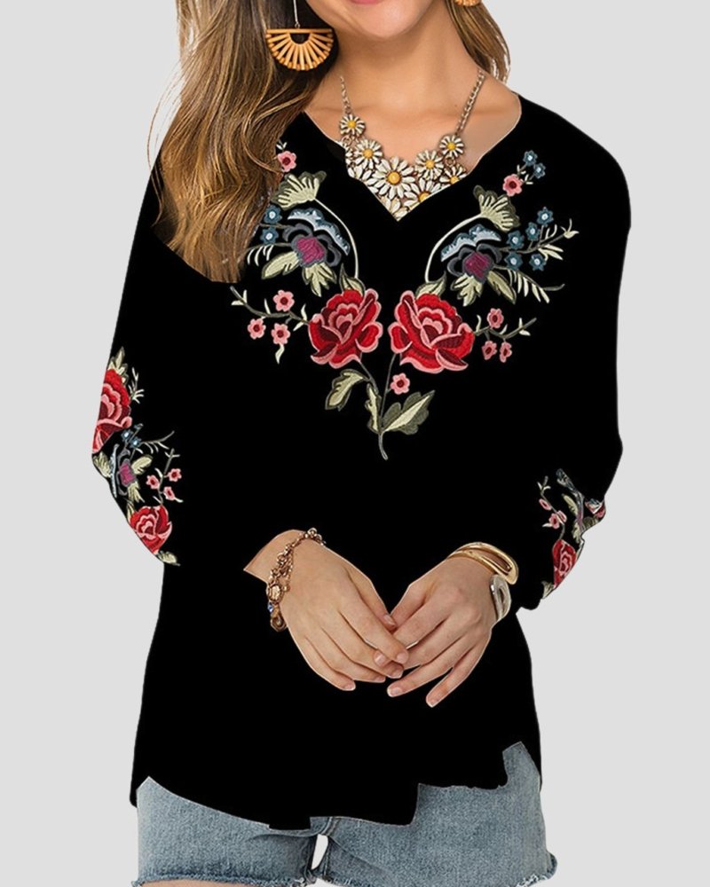 Simpluxe Retro Embroidered V-Neck Blouse – Loose Fit Floral Top - Image 2